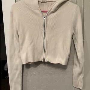 John Galt Cream Ribbed Zip-Up Hoodie